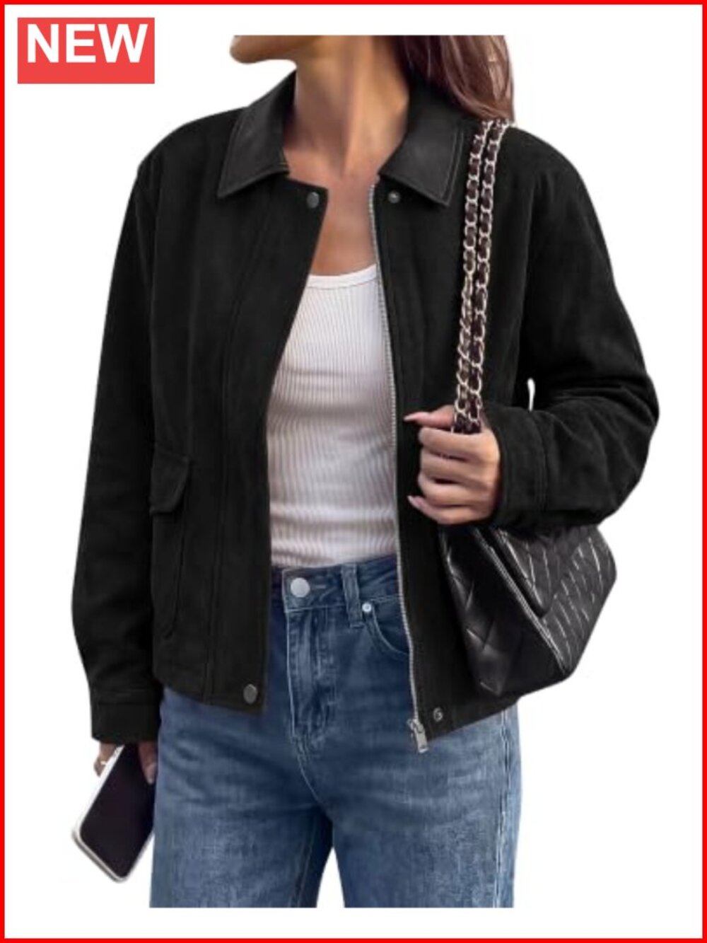 Faux Suede Moto Jacket Women Zip Up Button Lapel Fall Winter